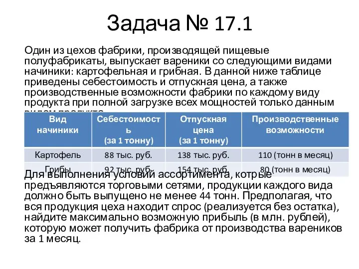 Задача № 17.1 Один из цехов фабрики, производящей пищевые полуфабрикаты, выпускает