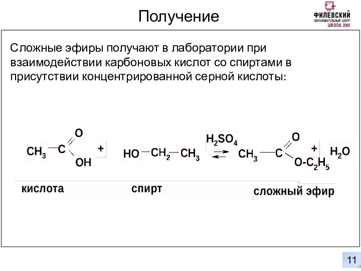 0 11 Получение Сложные эфиры получают в лаборатории при взаимодействии карбоновых