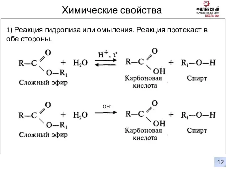 0 12 Химические свойства 1) Реакция гидролиза или омыления. Реакция протекает в обе стороны. OH-