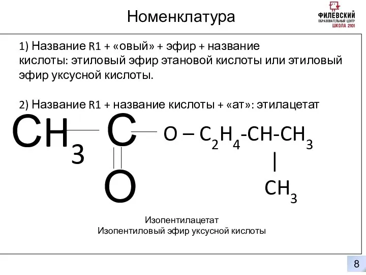 0 8 Номенклатура С О O – C2H4-CH-CH3 | CH3 СH3