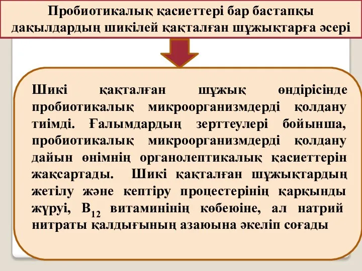 Шикі қақталған шұжық өндірісінде пробиотикалық микроорганизмдерді қолдану тиімді. Ғалымдардың зерттеулері бойынша,