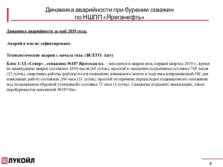 7 Динамика аварийности при бурении скважин по НШПП «Яреганефть» Динамика аварийности