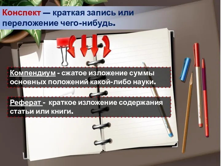 Конспект — краткая запись или переложение чего-нибудь. Компендиум - сжатое изложение