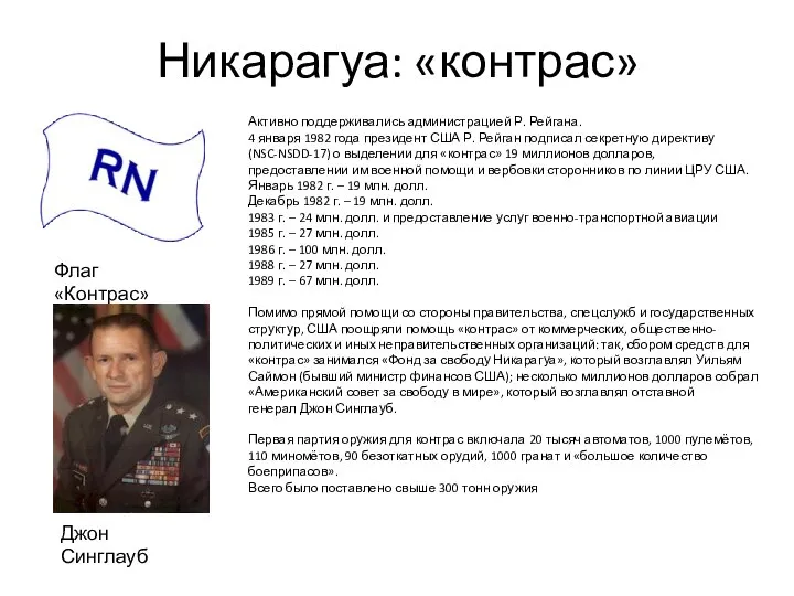 Никарагуа: «контрас» Флаг «Контрас» Активно поддерживались администрацией Р. Рейгана. 4 января