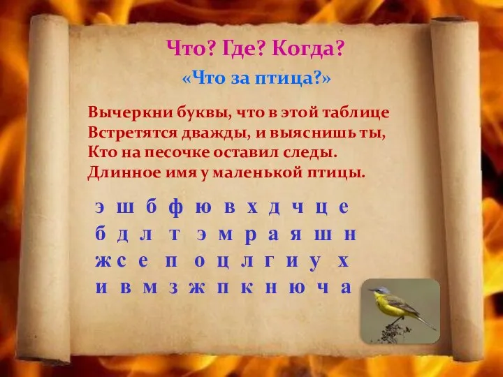 Что? Где? Когда? «Что за птица?» Вычеркни буквы, что в этой