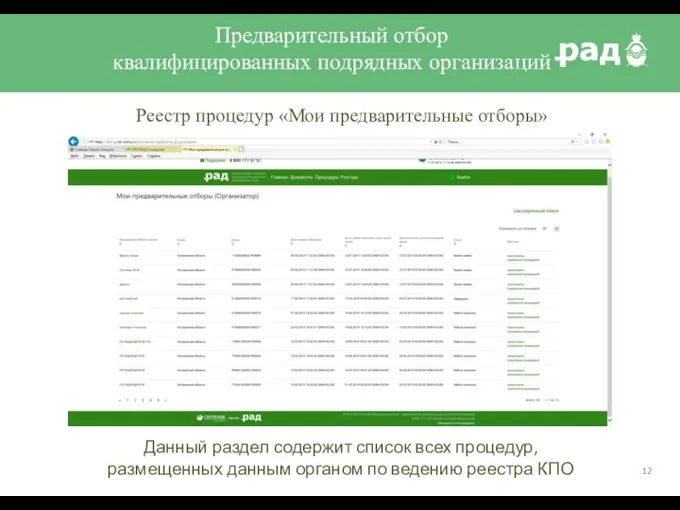 Предварительный отбор квалифицированных подрядных организаций Реестр процедур «Мои предварительные отборы» Данный