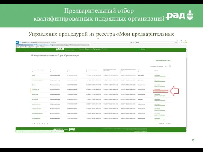 Предварительный отбор квалифицированных подрядных организаций Управление процедурой из реестра «Мои предварительные отборы»
