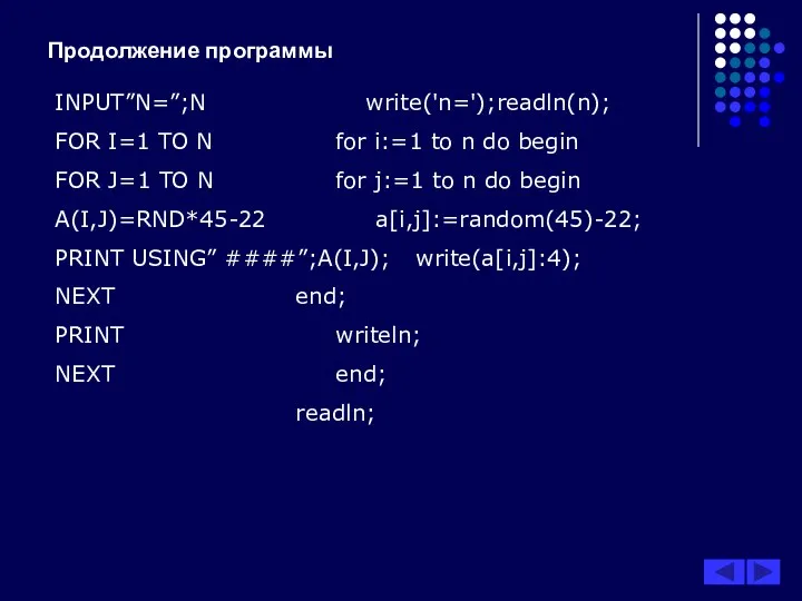 Продолжение программы INPUT”N=”;N write('n=');readln(n); FOR I=1 TO N for i:=1 to