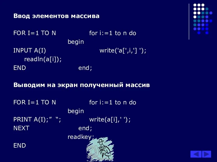 Ввод элементов массива FOR I=1 TO N for i:=1 to n