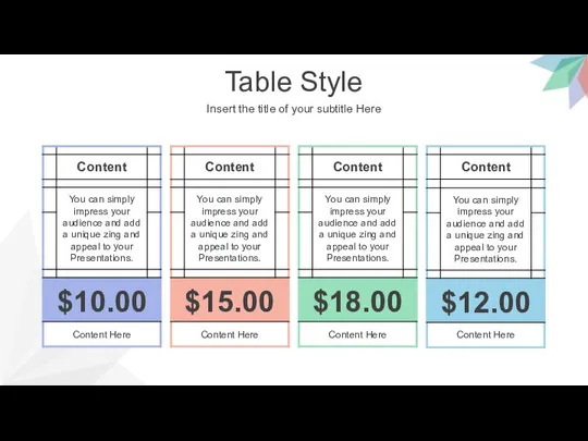 Table Style Insert the title of your subtitle Here