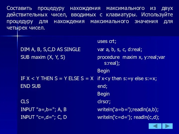 Составить процедуру нахождения максимального из двух действительных чисел, вводимых с клавиатуры.