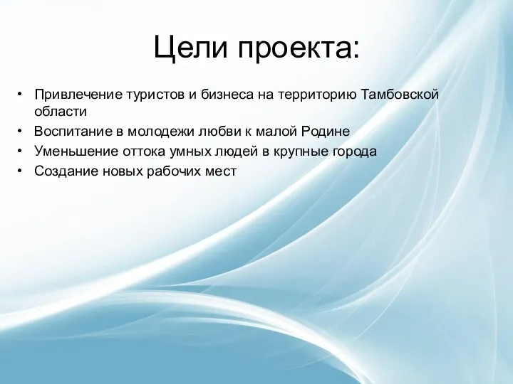 Цели проекта: Привлечение туристов и бизнеса на территорию Тамбовской области Воспитание