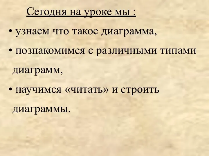 Сегодня на уроке мы : узнаем что такое диаграмма, познакомимся с