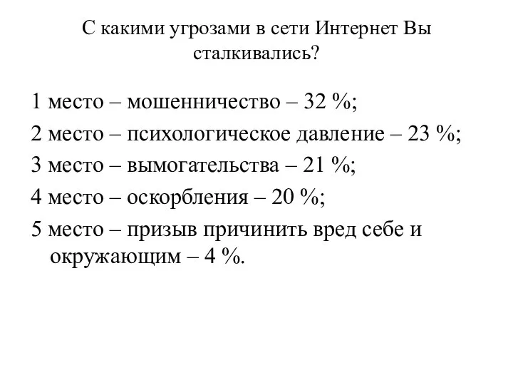 С какими угрозами в сети Интернет Вы сталкивались? 1 место –