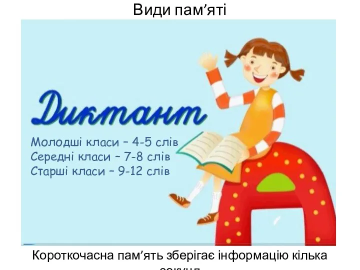 Види пам’яті Короткочасна пам’ять зберігає інформацію кілька секунд Молодші класи –