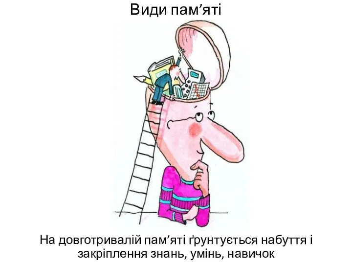 Види пам’яті На довготривалій пам’яті ґрунтується набуття і закріплення знань, умінь, навичок