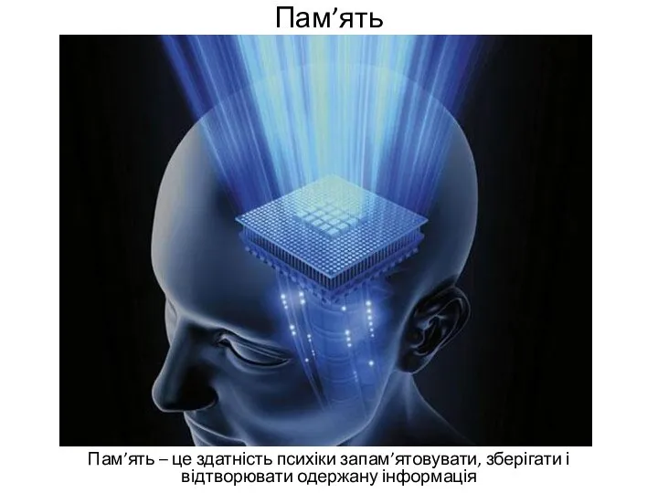 Пам’ять Пам’ять – це здатність психіки запам’ятовувати, зберігати і відтворювати одержану інформація