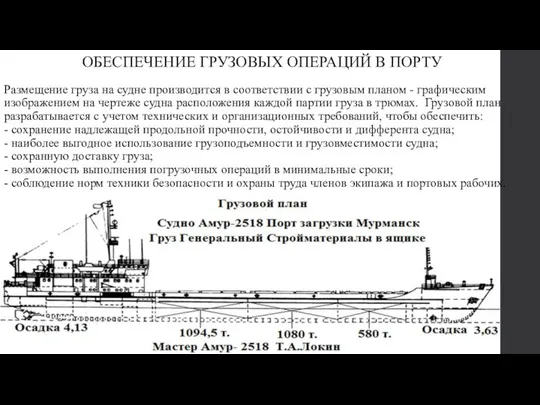 ОБЕСПЕЧЕНИЕ ГРУЗОВЫХ ОПЕРАЦИЙ В ПОРТУ Размещение груза на судне производится в