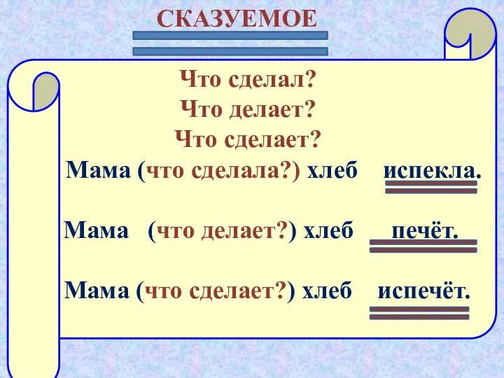 СКАЗУЕМОЕ Что сделал? Что делает? Что сделает? Мама (что сделала?) хлеб