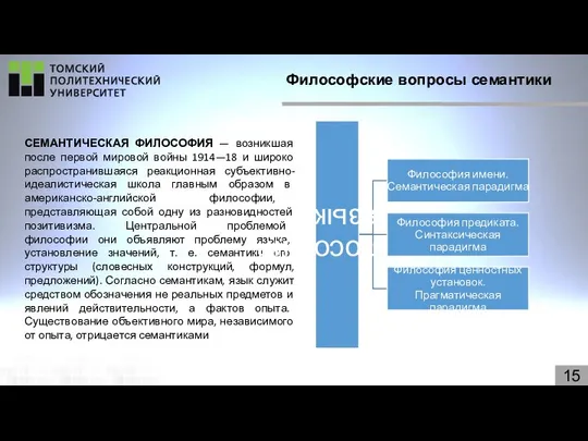 15 Философские вопросы семантики СЕМАНТИЧЕСКАЯ ФИЛОСОФИЯ — возникшая после первой мировой