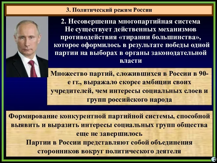 3. Политический режим России 2 2. Несовершенна многопартийная система Не существует