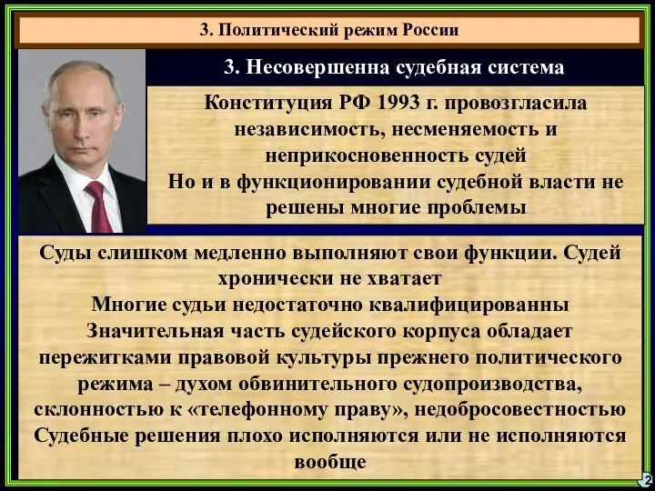 3. Политический режим России 2 3. Несовершенна судебная система Конституция РФ