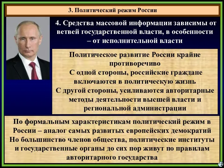 3. Политический режим России 2 4. Средства массовой информации зависимы от