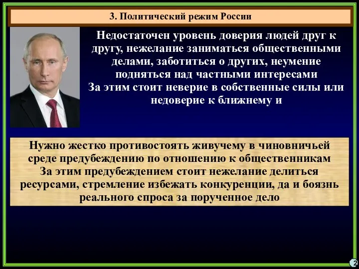 3. Политический режим России 2 Недостаточен уровень доверия людей друг к