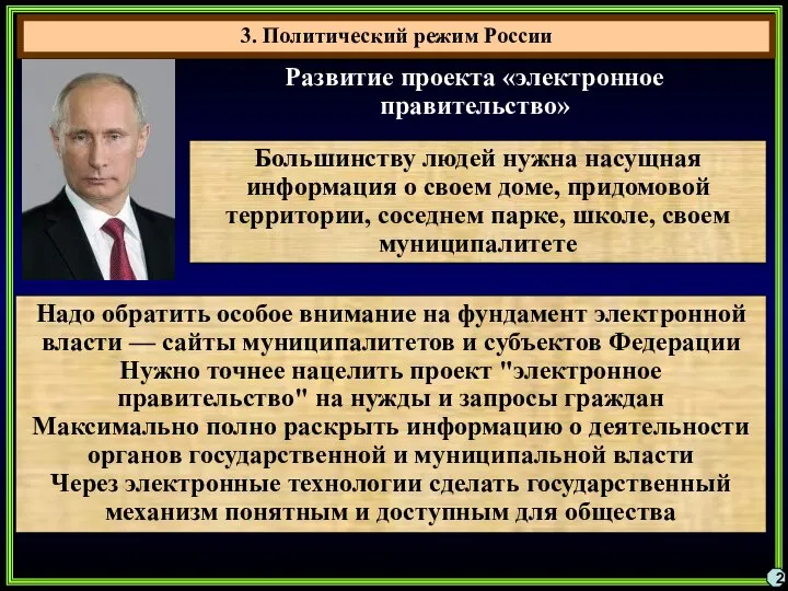 3. Политический режим России 2 Развитие проекта «электронное правительство» Надо обратить