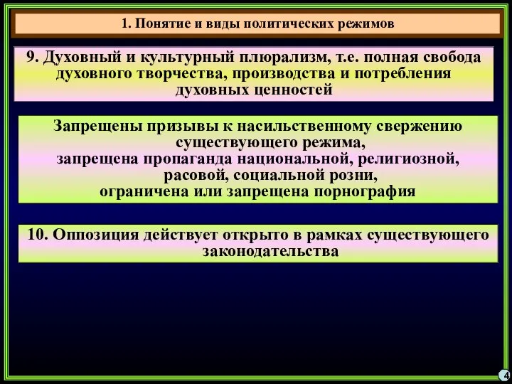 4 9. Духовный и культурный плюрализм, т.е. полная свобода духовного творчества,