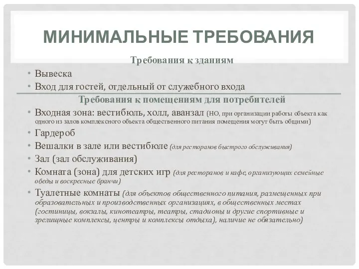 МИНИМАЛЬНЫЕ ТРЕБОВАНИЯ Требования к зданиям Вывеска Вход для гостей, отдельный от