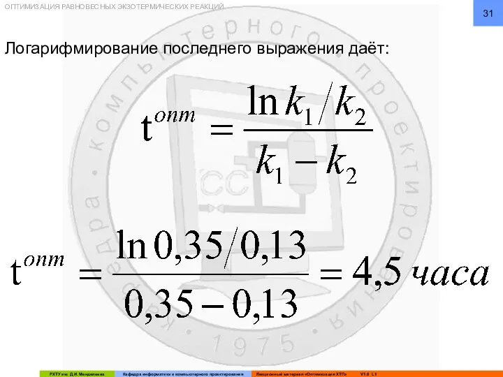 ОПТИМИЗАЦИЯ РАВНОВЕСНЫХ ЭКЗОТЕРМИЧЕСКИХ РЕАКЦИЙ Логарифмирование последнего выражения даёт: