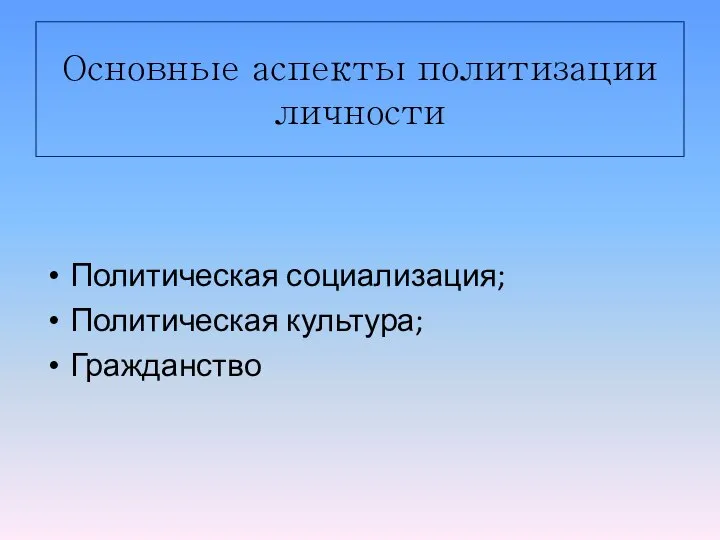 Основные аспекты политизации личности Политическая социализация; Политическая культура; Гражданство