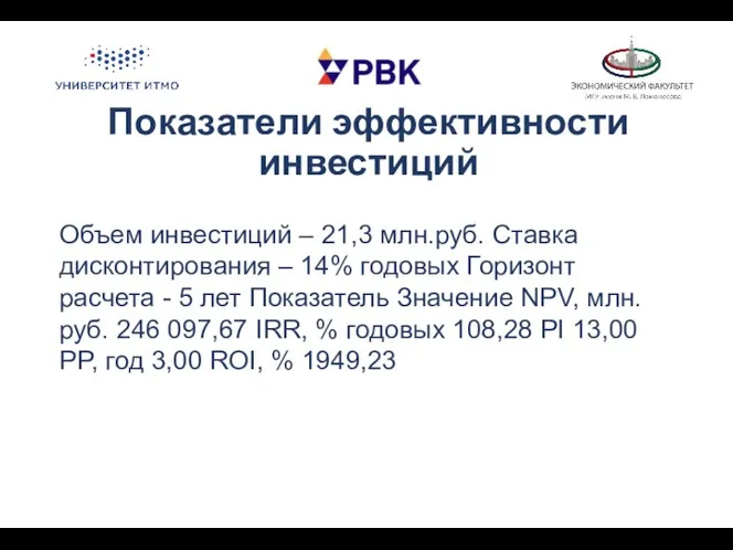 Показатели эффективности инвестиций Объем инвестиций – 21,3 млн.руб. Ставка дисконтирования –