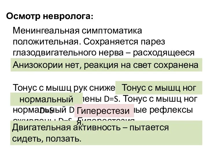 Осмотр невролога: Менингеальная симптоматика положительная. Сохраняется парез глазодвигательного нерва – расходящееся