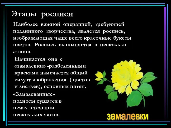 Этапы росписи Наиболее важной операцией, требующей подлинного творчества, является роспись, изображающая