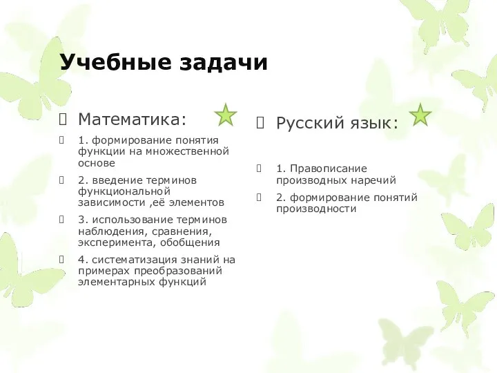 Учебные задачи Математика: 1. формирование понятия функции на множественной основе 2.