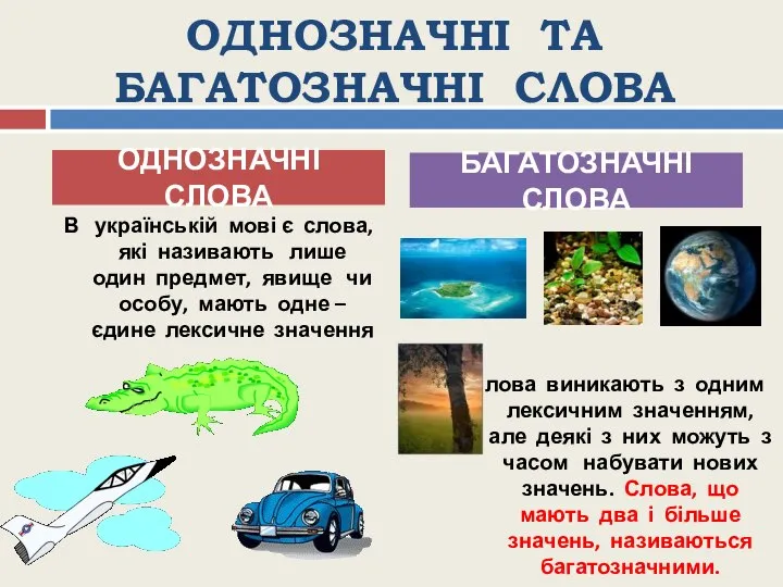 ОДНОЗНАЧНІ ТА БАГАТОЗНАЧНІ СЛОВА В українській мові є слова, які називають