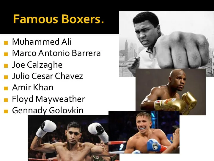 Famous Boxers. Muhammed Ali Marco Antonio Barrera Joe Calzaghe Julio Cesar