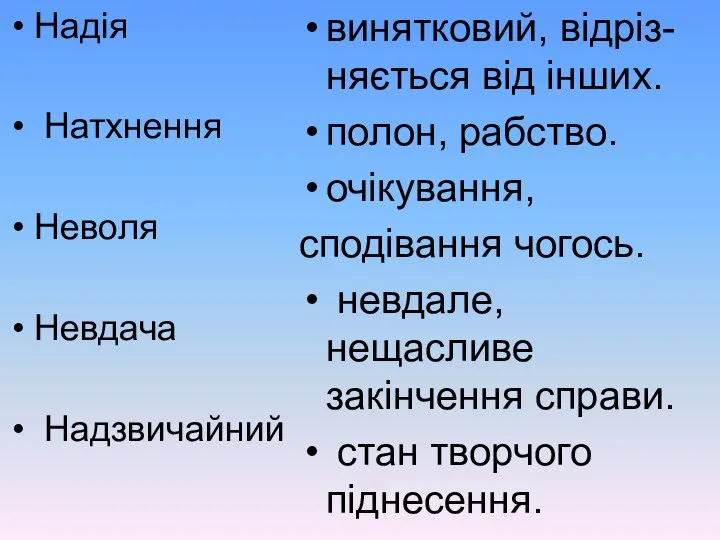 Надія Натхнення Неволя Невдача Надзвичайний винятковий, відріз-няється від інших. полон, рабство.