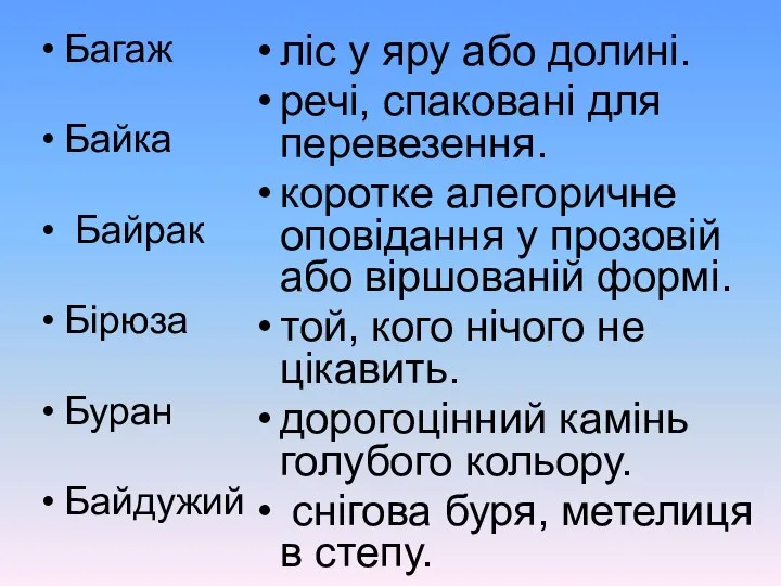 Багаж Байка Байрак Бірюза Буран Байдужий ліс у яру або долині.