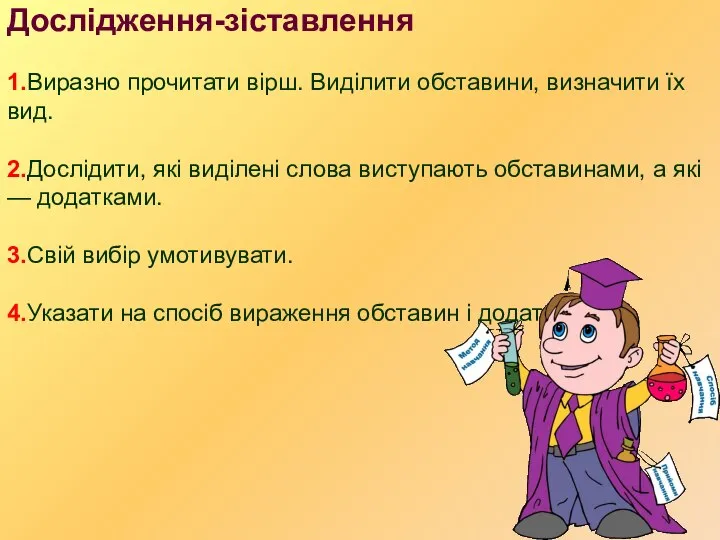 Дослідження-зіставлення 1.Виразно прочитати вірш. Виділити обставини, визначити їх вид. 2.Дослідити, які