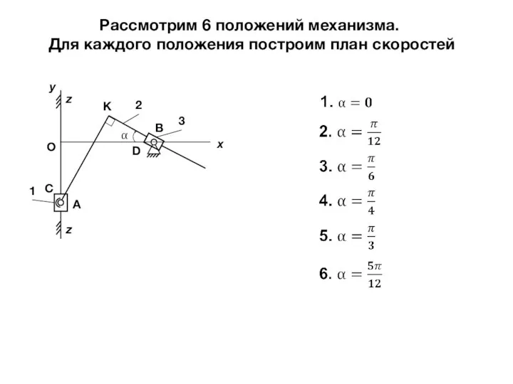 Рассмотрим 6 положений механизма. Для каждого положения построим план скоростей x