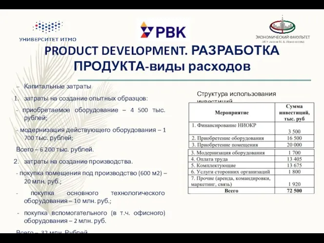 PRODUCT DEVELOPMENT. РАЗРАБОТКА ПРОДУКТА-виды расходов Капитальные затраты затраты на создание опытных