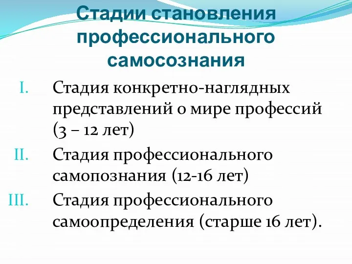 Стадии становления профессионального самосознания Стадия конкретно-наглядных представлений о мире профессий (3