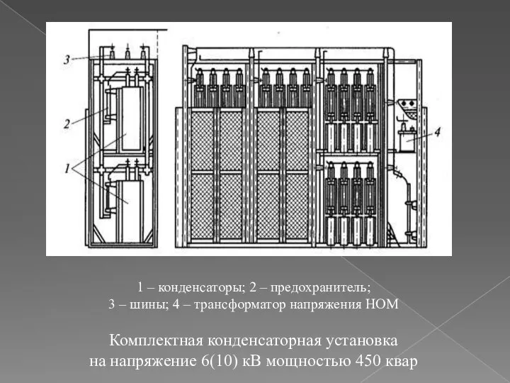 1 – конденсаторы; 2 – предохранитель; 3 – шины; 4 –