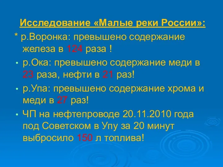 Исследование «Малые реки России»: * р.Воронка: превышено содержание железа в 124