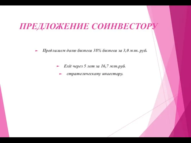 ПРЕДЛОЖЕНИЕ СОИНВЕСТОРУ Предлагаем долю бизнеса 38% бизнеса за 3,0 млн. руб.