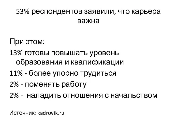 53% респондентов заявили, что карьера важна При этом: 13% готовы повышать