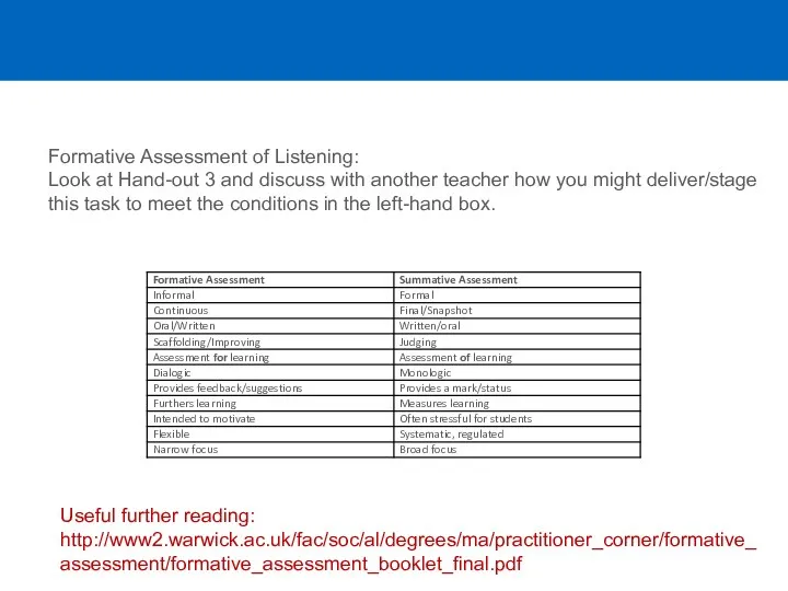 Useful further reading: http://www2.warwick.ac.uk/fac/soc/al/degrees/ma/practitioner_corner/formative_assessment/formative_assessment_booklet_final.pdf Formative Assessment of Listening: Look at Hand-out